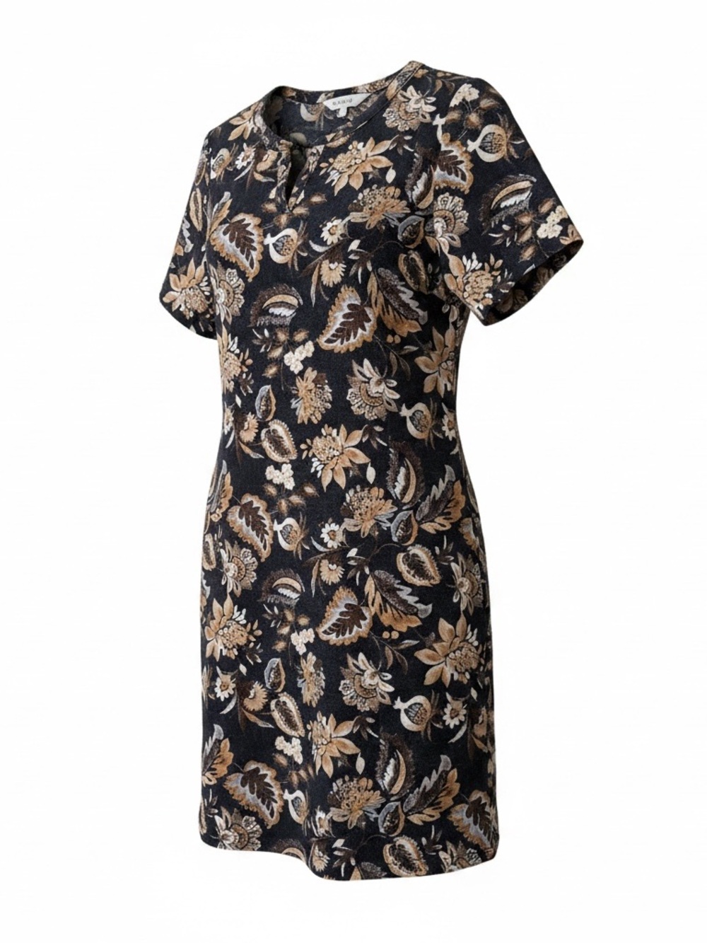 Denim&Co Black Floral Short-Sleeve Shift Dress with Tan Accents